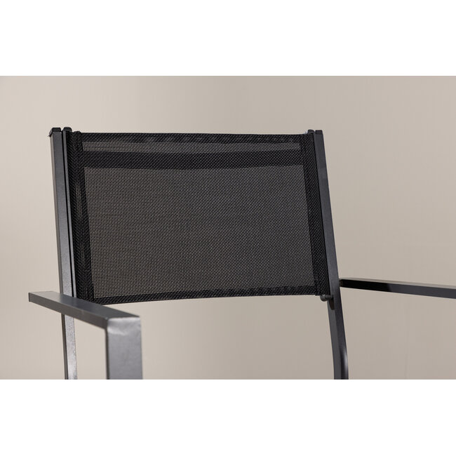 7-teilige Garten-Essgruppe Bois & Copacabana Natur/Schwarz – Bois Esstisch 205×90 cm Massiv-Akazienholz 3 cm + 6 Copacabana Alu-Stapelsessel Textilene Schwarz, bis 110 kg