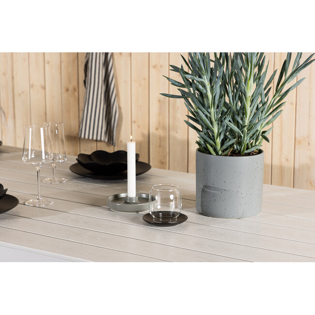 7-teilige Garten-Essgruppe Break & Copacabana Weiß/Grau – Break Esstisch 205×90 cm Aintwood Weiß + 6 Copacabana Alu-Stapelsessel Textilene Grau, bis 110 kg