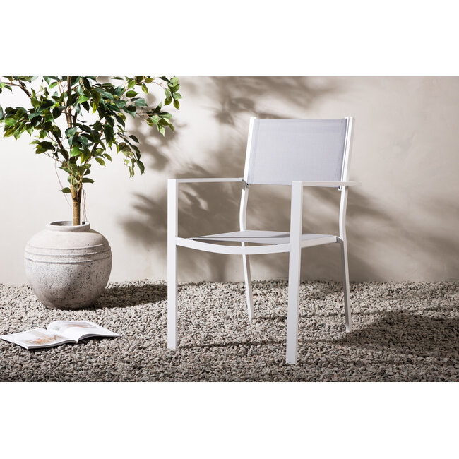 7-teilige Garten-Essgruppe Break & Copacabana Weiß/Grau – Break Esstisch 205×90 cm Aintwood Weiß + 6 Copacabana Alu-Stapelsessel Textilene Grau, bis 110 kg