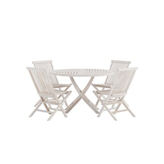 Venture Home Kenya Essgruppe Whitewash – Teakholz Rundtisch Ø120 cm + Klappsessel, 4 Personen