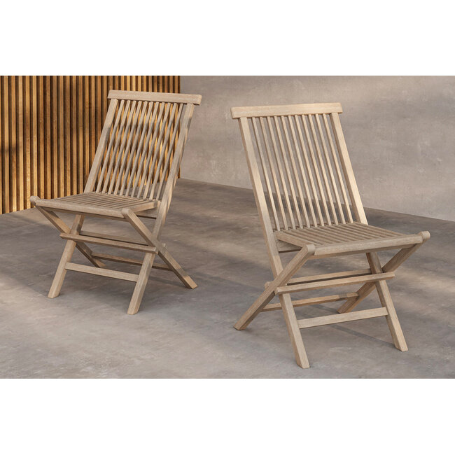 Kenya Garten-Essgruppe Whitewash – Kenya Rundtisch Ø120 cm Teakholz (3 cm, wasserbasiertes Finish) + Kenya Dining-Sessel Teakholz, klappbar, bis 150 kg, 4 Personen