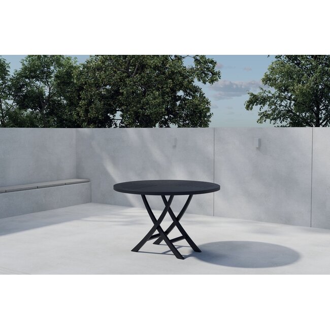 Kenya Garten-Essgruppe Schwarz – Kenya Rundtisch Ø120 cm Teakholz Schwarz/Waterbase + Kenya Klappsessel Teakholz Schwarz/Paint, bis 150 kg, 4 Personen