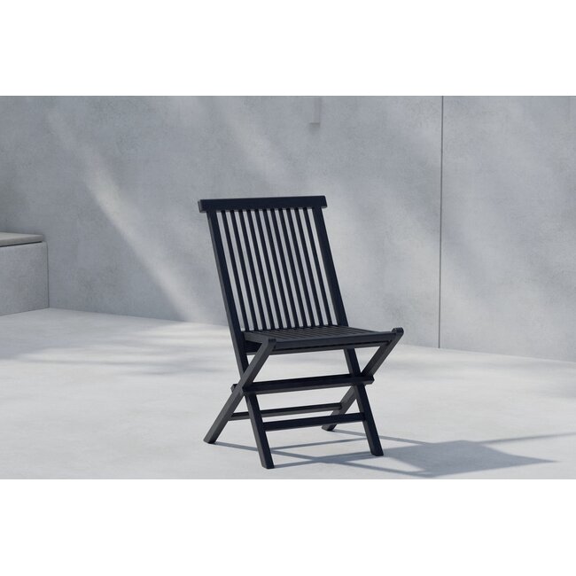 Kenya Garten-Essgruppe Schwarz – Kenya Esstisch 180×90 cm Teakholz Schwarz/Waterbase (3 cm) + Kenya Klappsessel Teakholz Schwarz/Paint, bis 150 kg, 6 Personen