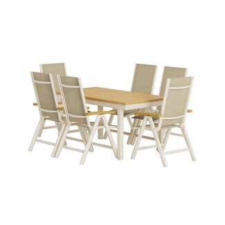 Venture Home 7-tlg. Panama Essgruppe – Ausziehbarer Teakholz-Tisch 160–240 cm + 6 Positionssessel Beige