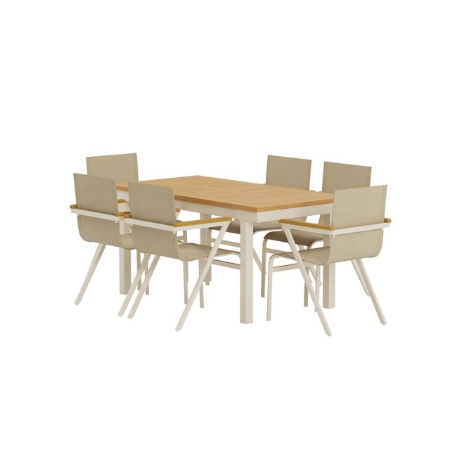 7-teilige Essgruppe Panama & Mexico Beige – Panama Ausziehbarer Esstisch 160–240 cm Teakholz + 6 Mexico Stapelsessel 56×60×91 cm, bis 150 kg, wetterfest
