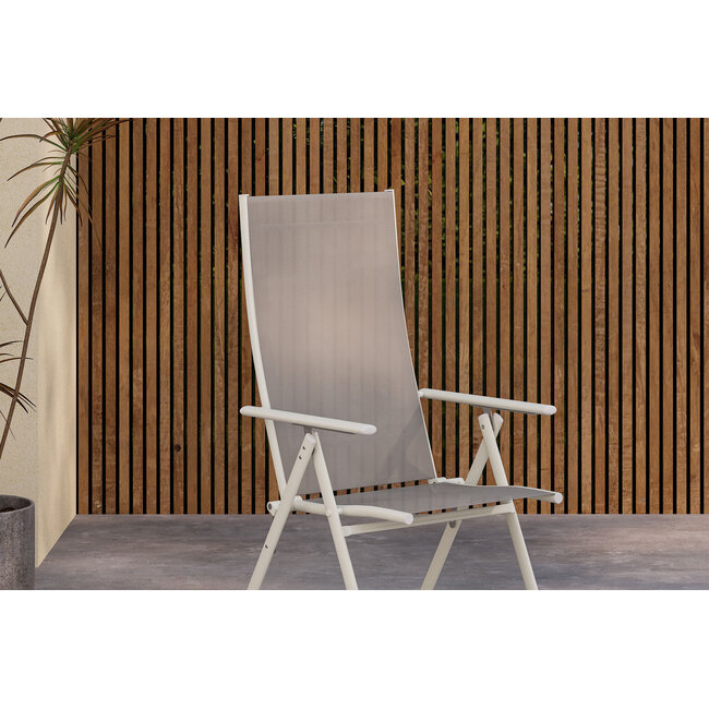 Essgruppe Lavenzo & Break Beige – Break Esstisch 205×90×74 cm (Aintwood Teak-Optik) + Lavenzo Positionssessel 56×59 cm (6er-Set, klappbar, verstellbar, bis 110 kg)