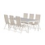 Essgruppe Lavenzo & Lino Beige – Lino Keramikglas-Esstisch 220×100×74 cm (6–8 Pers.) + Lavenzo Positionssessel 56×59 cm (6er-Set, klappbar, verstellbar, bis 110 kg)