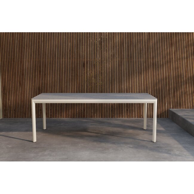 Essgruppe Lavenzo & Lino Beige – Lino Keramikglas-Esstisch 220×100×74 cm (6–8 Pers.) + Lavenzo Positionssessel 56×59 cm (6er-Set, klappbar, verstellbar, bis 110 kg)