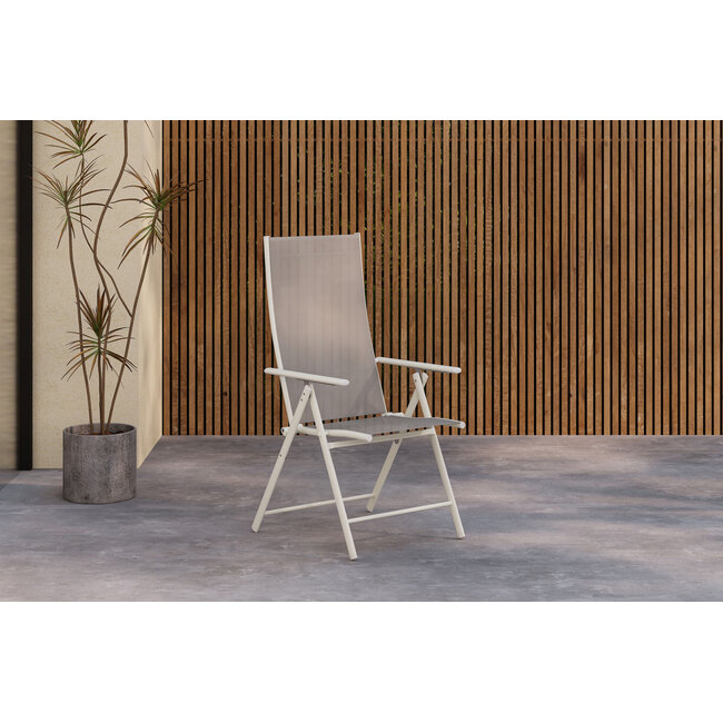 Essgruppe Lavenzo & Lino Beige – Lino Keramikglas-Esstisch 220×100×74 cm (6–8 Pers.) + Lavenzo Positionssessel 56×59 cm (6er-Set, klappbar, verstellbar, bis 110 kg)
