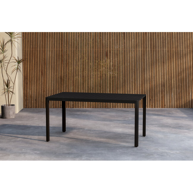 Essgruppe Lavenzo & Giardini Schwarz – Giardini Esstisch 150×85×72 cm (Aluminium, Latten-Design, 5 cm Platte) + Lavenzo Positionssessel 56×59 cm (2er-Pack, klappbar & verstellbar, bis 110 kg)