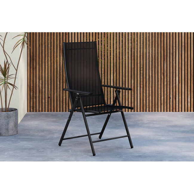 Essgruppe Lavenzo & Giardini Schwarz – Giardini Esstisch 150×85×72 cm (Aluminium, Latten-Design, 5 cm Platte) + Lavenzo Positionssessel 56×59 cm (2er-Pack, klappbar & verstellbar, bis 110 kg)