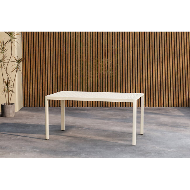 Garten-Essgruppe Giardini und Levanzo Beige – Giardini Esstisch 150×85×72 cm (Latten-Tischplatte, Alu) + Levanzo Positionssessel 59×56 cm (Stahl und Textilene, bis 110 kg, 4–6 Pers.)