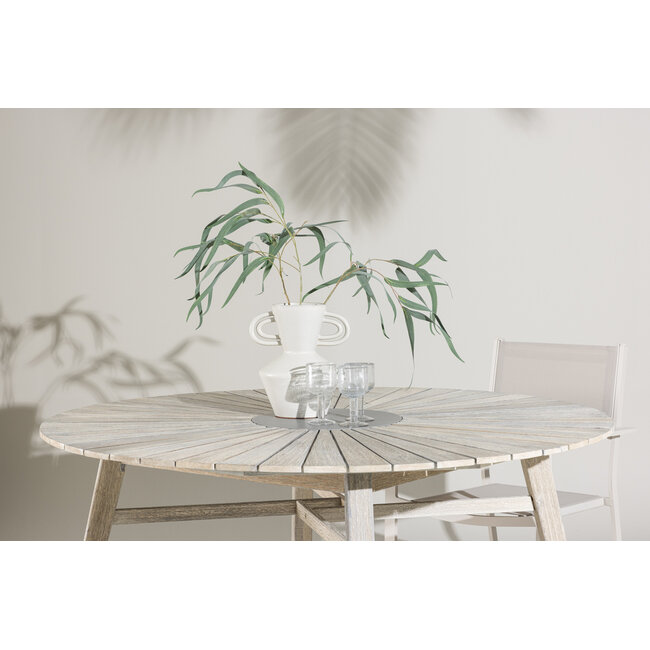 Runder Gartentisch Rives Ø150 cm in Whitewash – Akazienholz mit Steinmitte