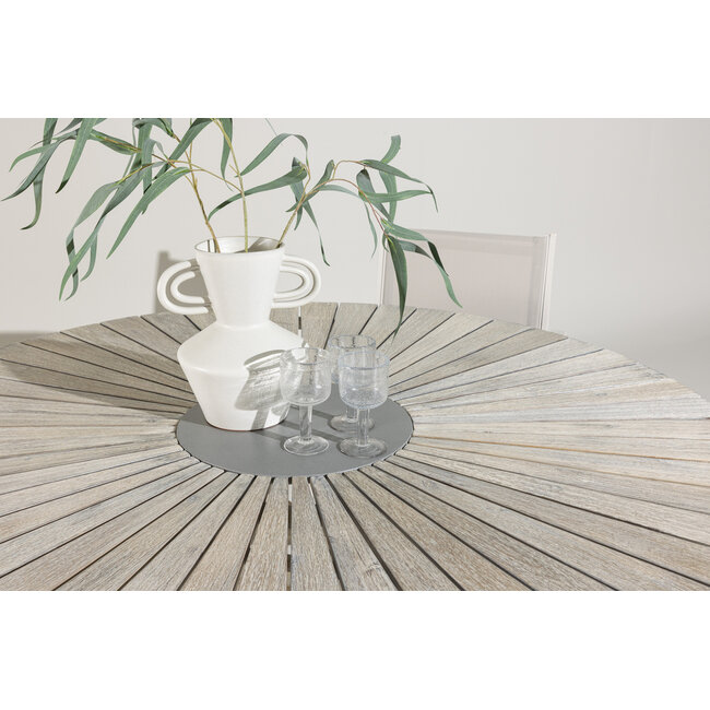 Runder Gartentisch Rives Ø150 cm in Whitewash – Akazienholz mit Steinmitte