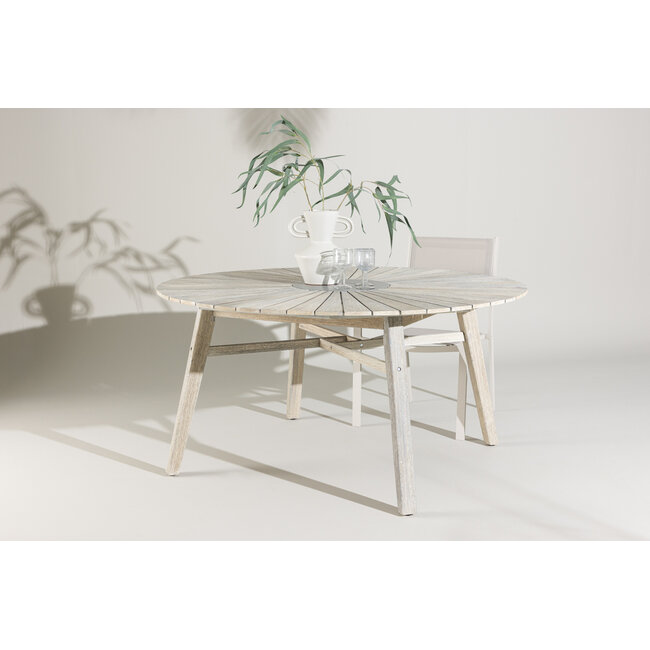 Runder Gartentisch Rives Ø150 cm in Whitewash – Akazienholz mit Steinmitte