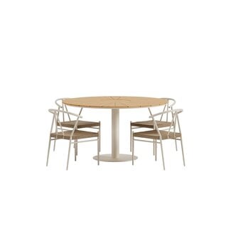 Venture Home Garten-Essgruppe Alfons & Croft Beige – Teakholz-Rundtisch Ø120 cm + 4 Rattan-Sessel