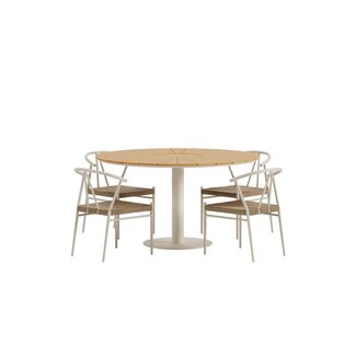 Venture Home Garten-Essgruppe Alfons und Croft Beige – Teak-Rundtisch + 4 Sessel