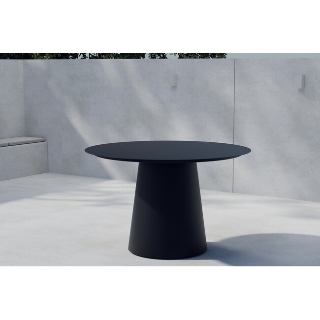 5-teilige Garten-Essgruppe Bois & Lanzo Schwarz – Lanzo Runder Esstisch Ø120 cm Aluminium + 4 Bois Dining-Sessel Polyester Rope & Teak-Armlehnen, bis 150 kg