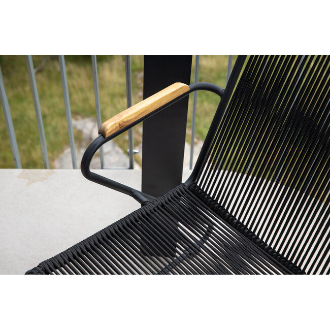 5-teilige Garten-Essgruppe Bois & Lanzo Schwarz – Lanzo Runder Esstisch Ø120 cm Aluminium + 4 Bois Dining-Sessel Polyester Rope & Teak-Armlehnen, bis 150 kg