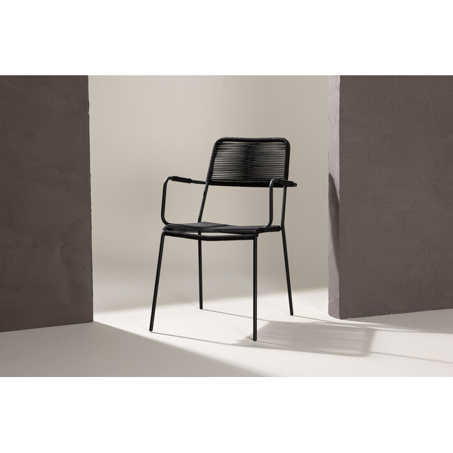 Garten-Essgruppe Lindos & Giardini – Giardini Esstisch 200×90 cm Aluminium Beige + Lindos Dining-Sessel Polyester Rope Schwarz, stapelbar, bis 150 kg