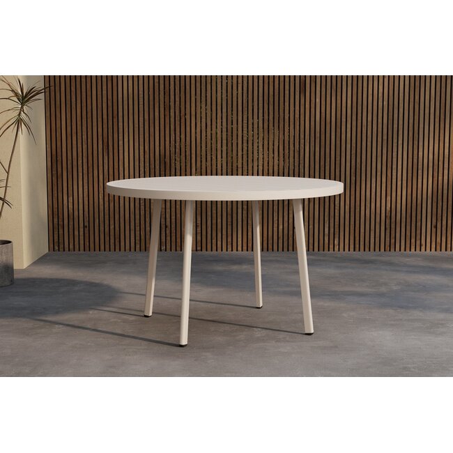 Garten-Essgruppe Giardini Rund & Levanzo Beige – Giardini Rundtisch Ø120 cm × H74 cm (Aluminium, 5 cm Platte) + Levanzo Positionssessel 56×59 cm (Stahl & Textilene, Sitzhöhe 41,5 cm, bis 4 Pers.)