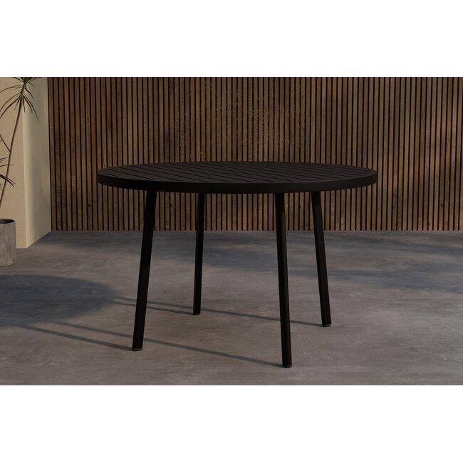 Garten-Essgruppe Giardini Rund & Levanzo Schwarz – Giardini Rundtisch Ø120 cm × H74 cm (Aluminium, 5 cm Platte) + Levanzo Positionssessel 56×59 cm (Stahl & Textilene, Sitzhöhe 41,5 cm, bis 4 Pers.)