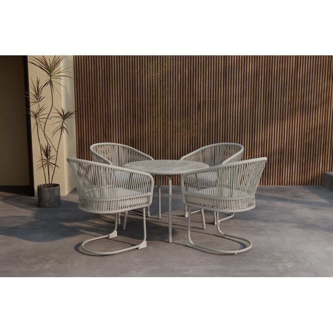 Garten-Essgruppe Tilos in Hellgrau/Beige – elegantes Outdoor-Essset mit Rope-Stühlen