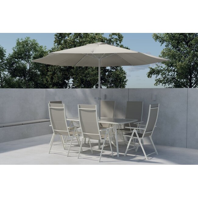 Brekki Esstisch-Set Beige – Komplettes Gartenmöbel-Set mit 6 Stühlen & Sonnenschirm