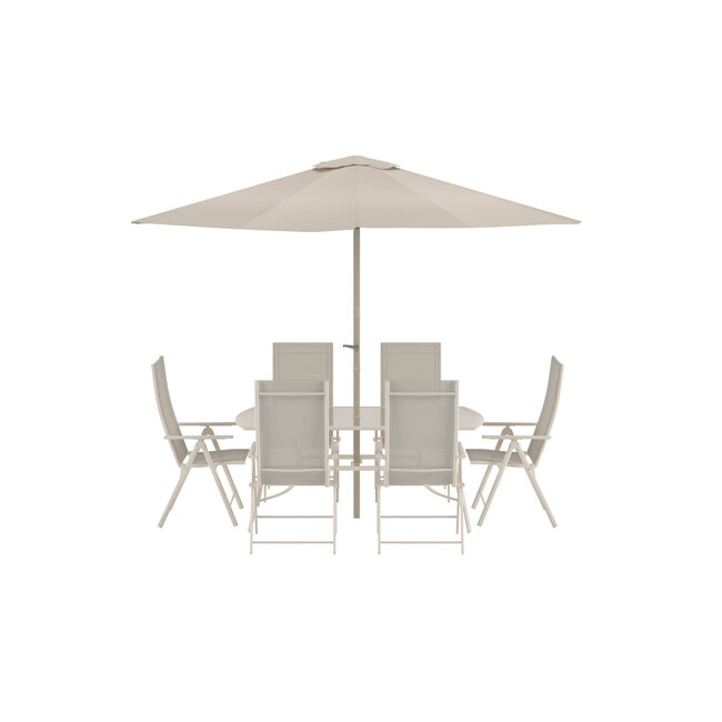 Brekki Esstisch-Set Beige – Komplettes Gartenmöbel-Set mit 6 Stühlen & Sonnenschirm