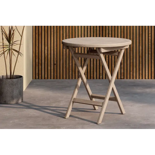 Café-Set Kenya Whitewash – Runder Teak-Tisch Ø70 cm & 2 Stühle für Balkon & Garten