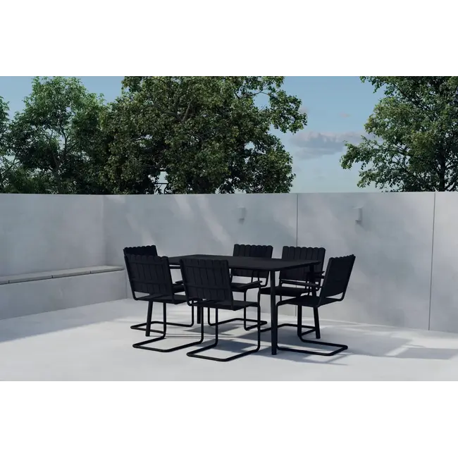 Essgruppe Holmsund Schwarz – Rechteckiger Tisch & 6 Stühle aus Stahl & Polywood für Terrasse & Garten