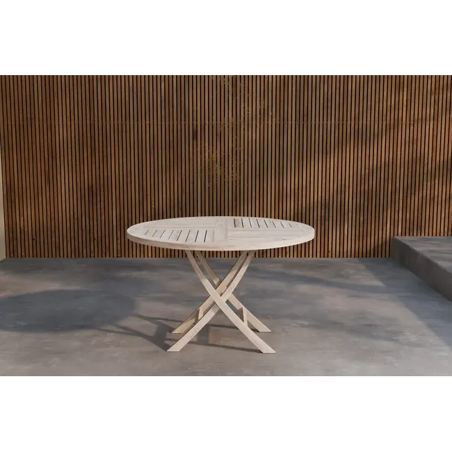 Runder Gartentisch Kenya Whitewash – Teakholz Ø130 cm für Terrasse und Garten