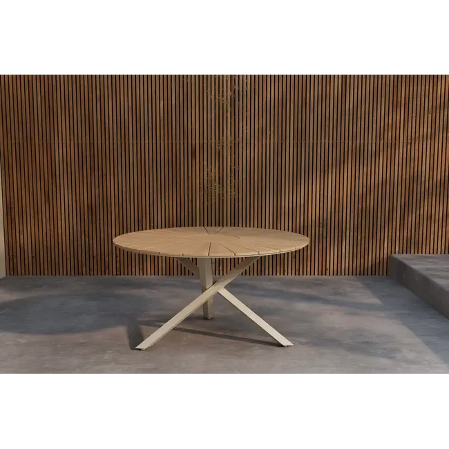 Outdoor-Esstisch Mexico Beige/Teak – Runder Gartentisch mit Fächermuster-Teakplatte