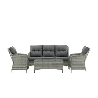 Venture Home Lounge-Set Vikelund Grau – Rattansofa-Gruppe mit 3-Sitzer, 2 Sesseln & Glastisch für Terrasse & Garten
