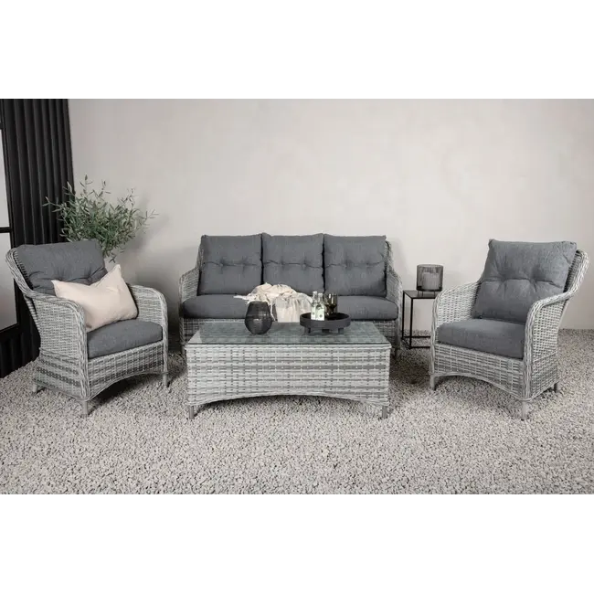 Lounge-Set Vikelund Grau – Rattansofa-Gruppe mit 3-Sitzer, 2 Sesseln & Glastisch für Terrasse & Garten