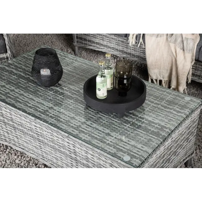 Lounge-Set Vikelund Grau – Rattansofa-Gruppe mit 3-Sitzer, 2 Sesseln & Glastisch für Terrasse & Garten