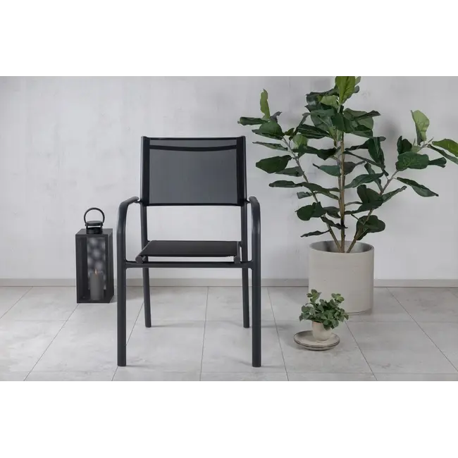 Gartenstuhl Santorini Schwarz – Eleganter Gartenstuhl aus Aluminium und Textilene, 56 × 55 × 90 cm, wetterfest