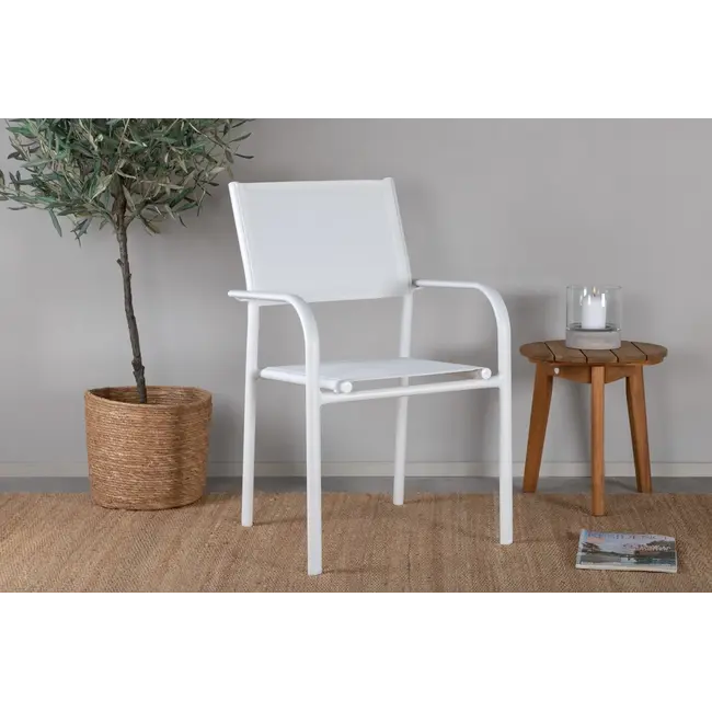 Gartenstuhl Santorini Weiß – Stilvoller Gartenstuhl aus Textilene, Aluminium und PVC, 56 × 55 × 90 cm, wetterfest