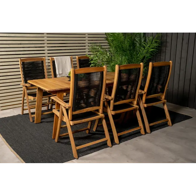 Gartenstuhl Peter Natur/Schwarz 2er-Set – 5-Pos. Relax-Stuhl aus Akazienholz & Seilgeflecht