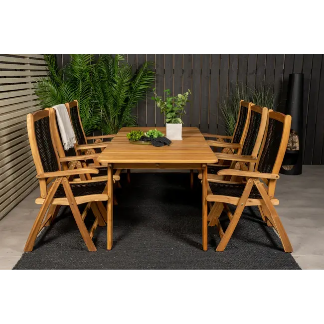 Gartenstuhl Peter Natur/Schwarz 2er-Set – 5-Pos. Relax-Stuhl aus Akazienholz & Seilgeflecht