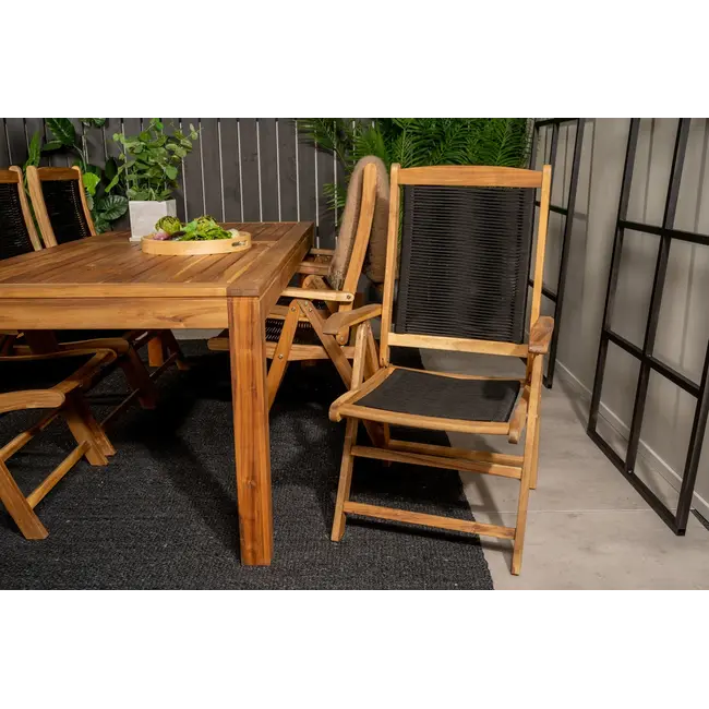 Gartenstuhl Peter Natur/Schwarz 2er-Set – 5-Pos. Relax-Stuhl aus Akazienholz & Seilgeflecht