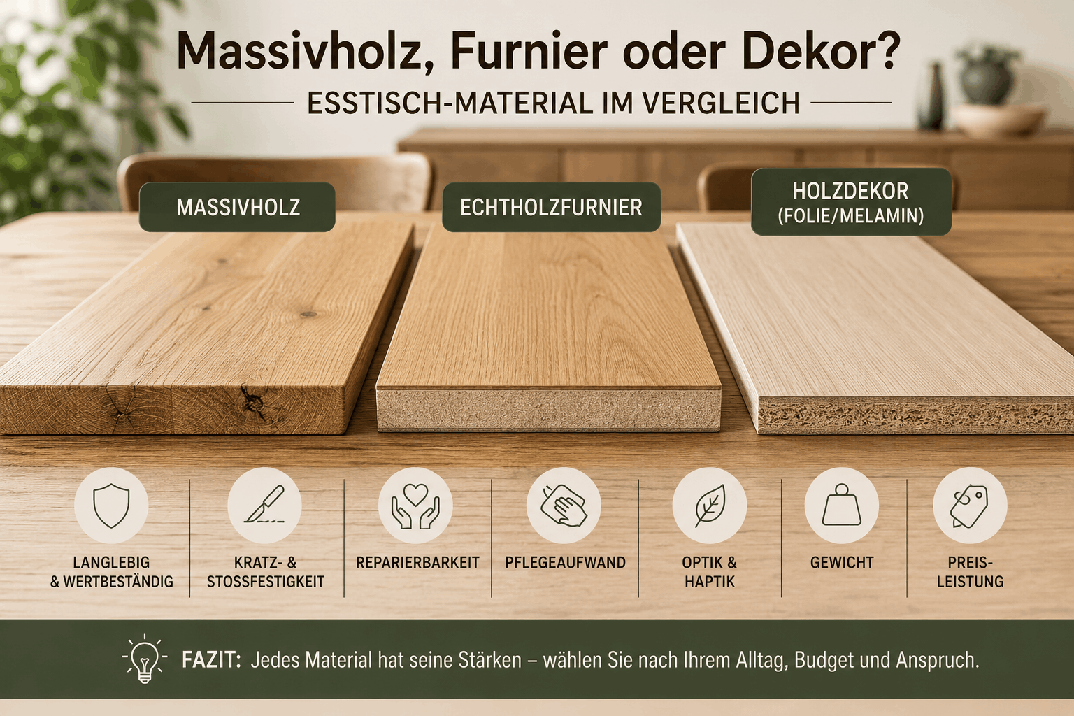 Massivholz, Furnier oder Dekor? Das richtige Esstisch-Material finden