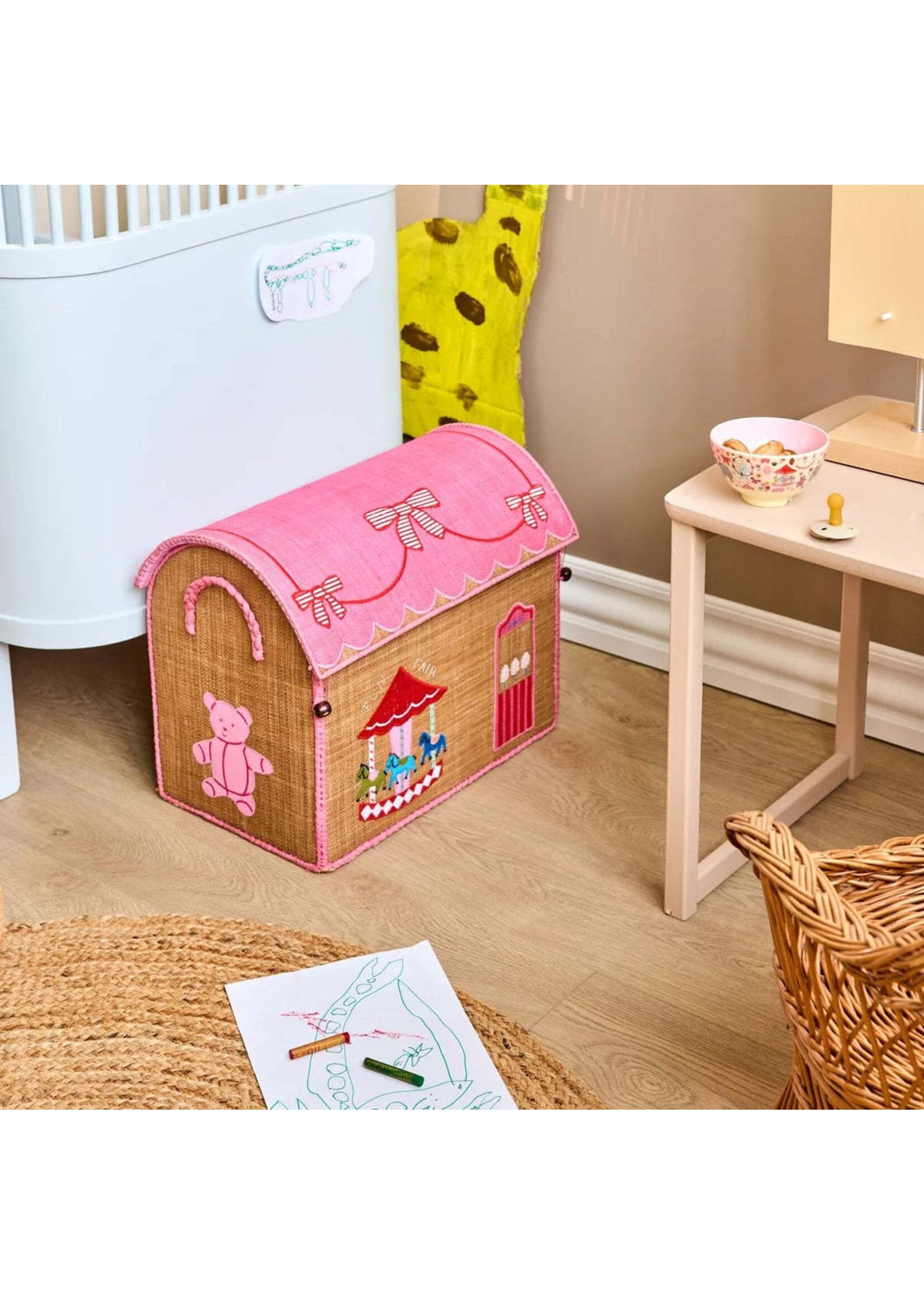 RICE RICE raffia storage box PINK Fun Fair M (45x38x33)