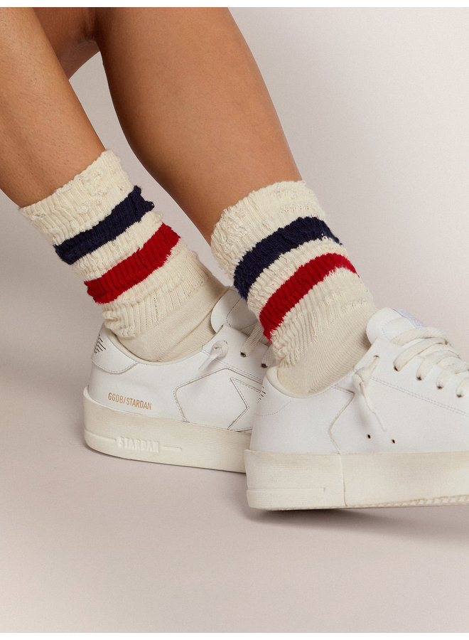 Vintage white socks with distressed details and two-tone stripes