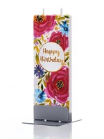 Platte handgemaakte kaars - Gelukkige verjaardag met bloemenprint