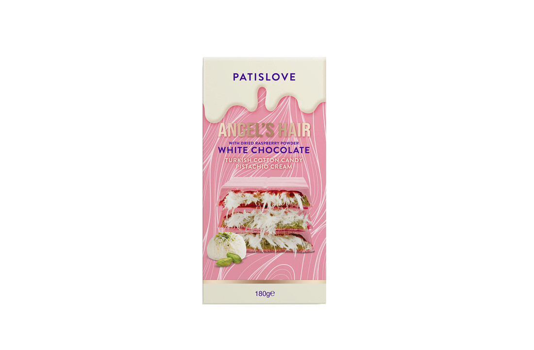 Patislove Antep Fıstığı Kremalı ve Pişmaniye Dolgulu Frambuaz Tozlu Beyaz Çikolata