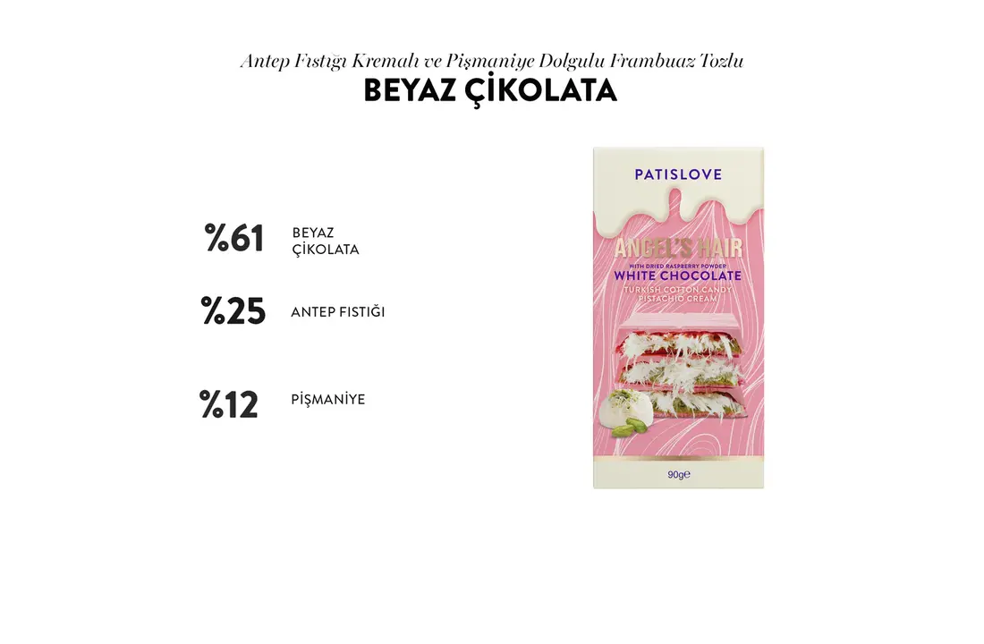 Patislove Antep Fıstığı Kremalı ve Pişmaniye Dolgulu Frambuaz Tozlu Beyaz Çikolata