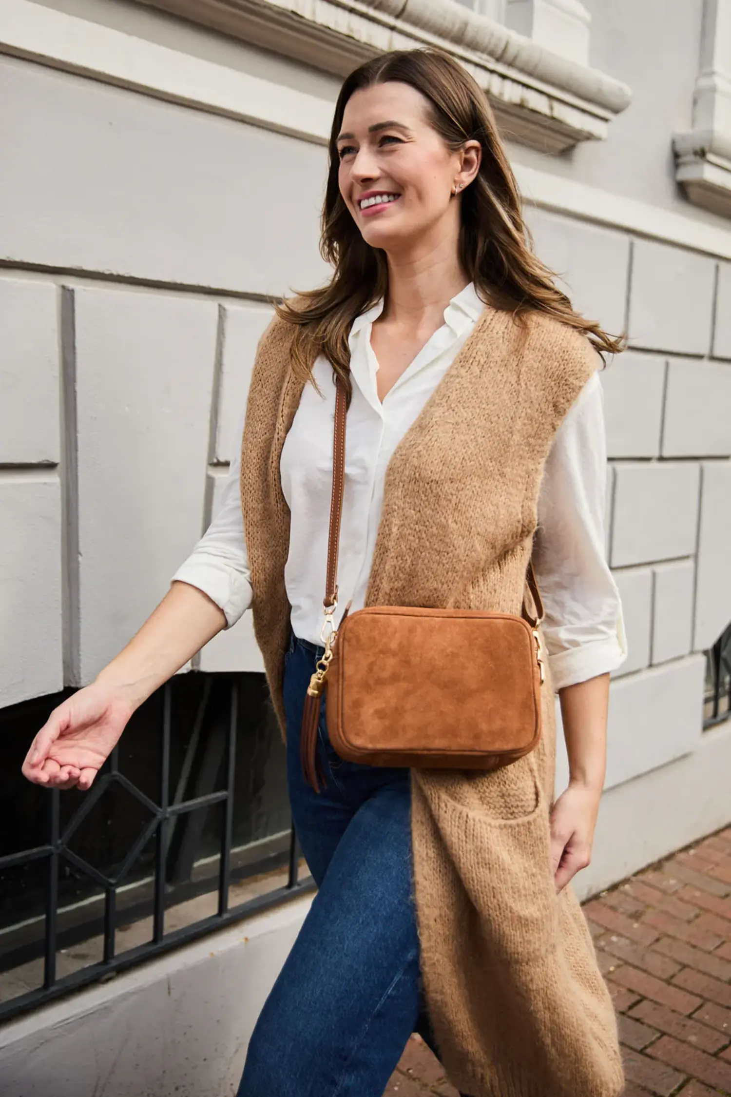 Women’s Suede Tan Backpack Crossbody Bag - Neutral Tan Matilda Suede Shoulder Bag - Final Sale - Qisabags main image 3
