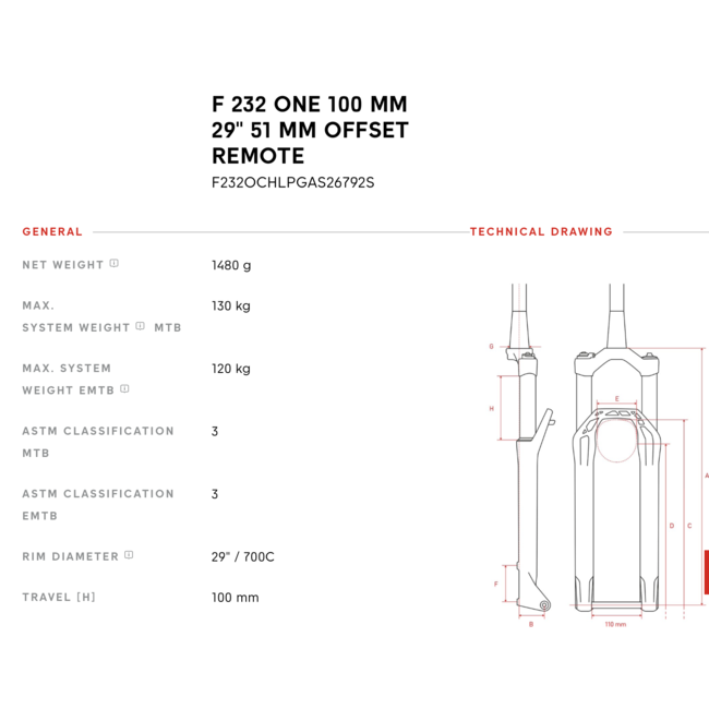 DT Swiss F 232 ONE 29 Inch Fork - 100mm - 51mm Offset - Tapered - 15x110mm Boost