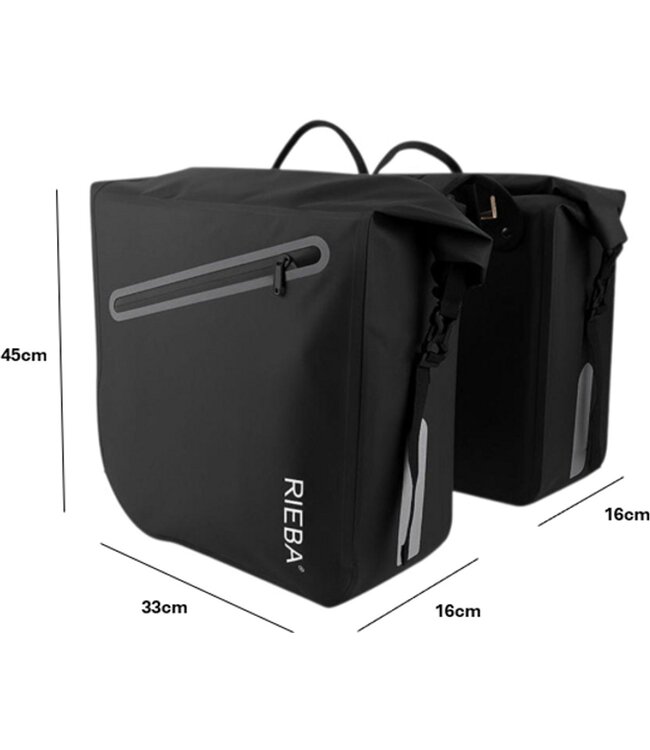 Rieba® Dubbele Fietstas 46 Liter Rolltop - Zwart - Hoogwaardig Materiaal - 100% Waterdicht - Moderne Uitstraling - Universele Bevestiging - Reflectie - Extra Voorvak - Fietstassen Stadsfiets en Elektrische Fiets